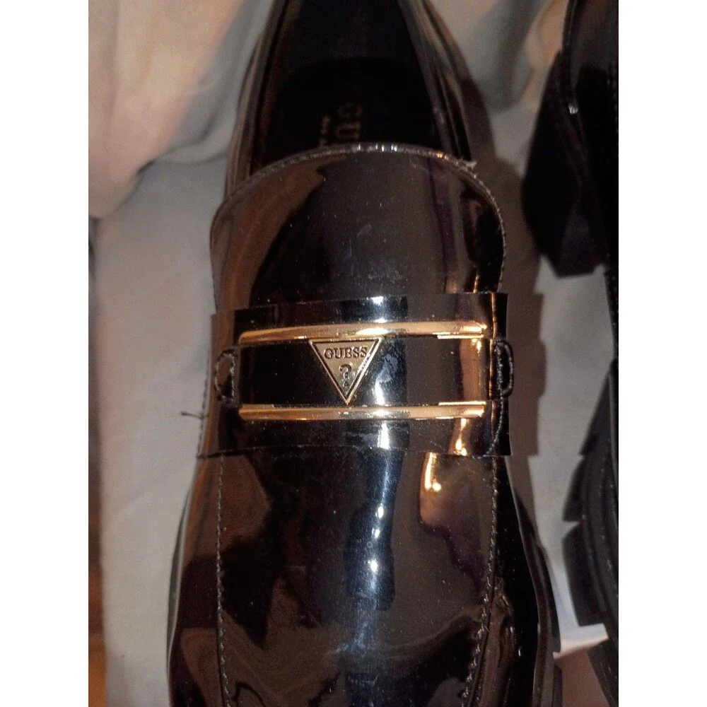 GUESS Women Loafers Size 7.5 Chunk Platform Black Faux Leather Gold Logo Slip On